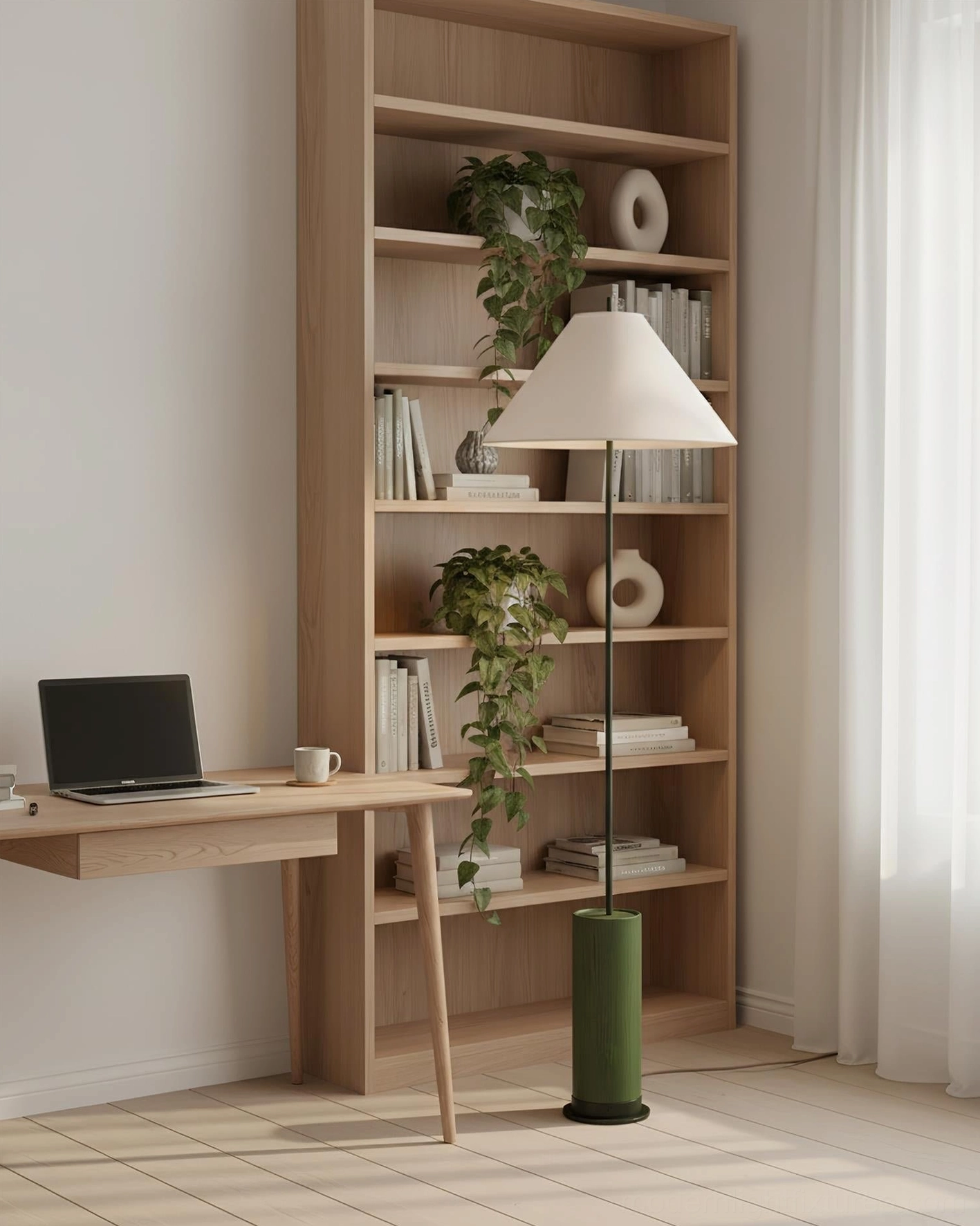 Olive green cylindrical base Verdant minimalist floor lamp home study workspace