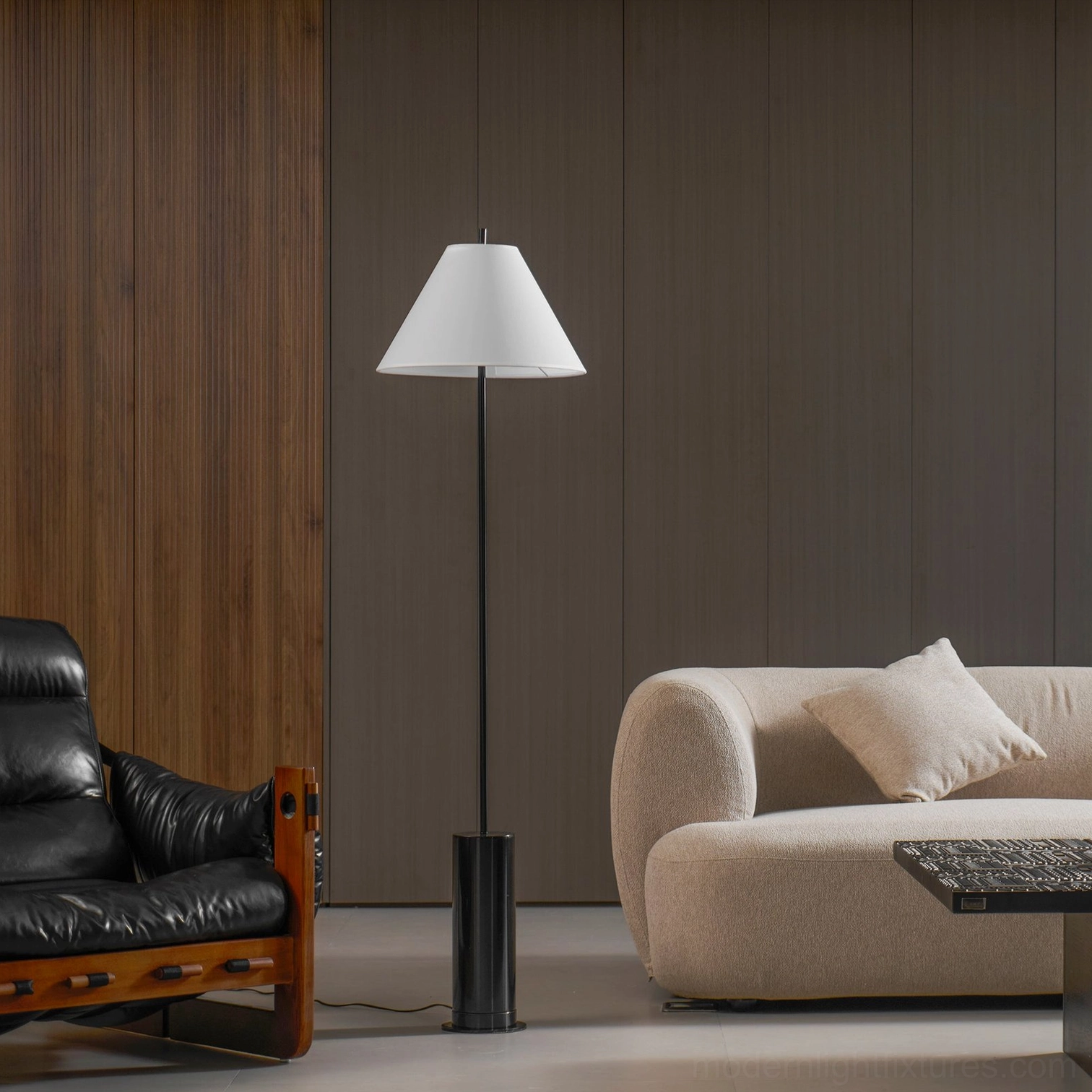 White cylindrical base Verdant modern floor lamp bright minimalist aesthetic