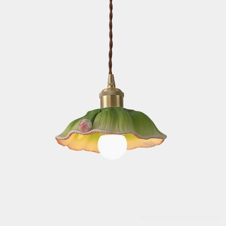 Verdant lotus pendant lamp with hand-painted green ceramic ruffled shade and pink rose motif, frontal close-up studio view