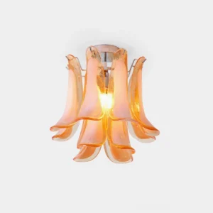 Verdelia hand-formed glass ceiling lamp front close-up showing curved peach amber petal details and chrome metal canopy