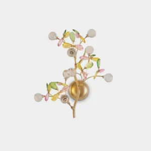 Verdelle gold crystal branch wall sconce with colored glass leaves and faceted crystal orbs, frontal studio view against white backdrop