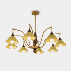 Verdessa botanical ceramic bell chandelier front view with soft green shades and brushed gold metal frame isolated on white background