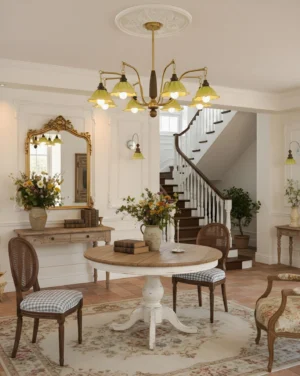 Verdessa chandelier installed in elegant formal dining room with brass finishing and ceramic bell shades above dining table
