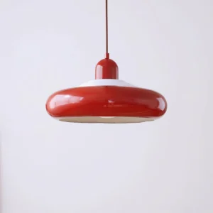 Verko retro pendant light in deep red, bottom-facing angle revealing lamp interior and socket details