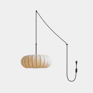 Verona plug-in pendant lamp with ribbed fabric shade, studio front view on white background showing wabi-sabi design
