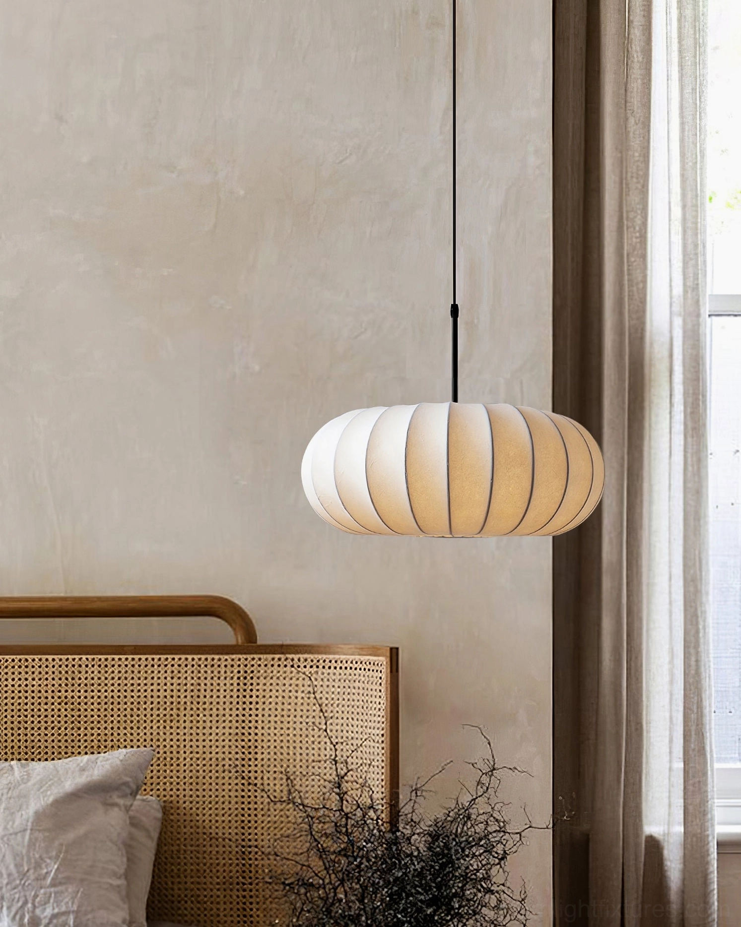 Verona fabric pendant light in modern home setting demonstrating wabi-sabi design aesthetic and soft atmospheric lighting