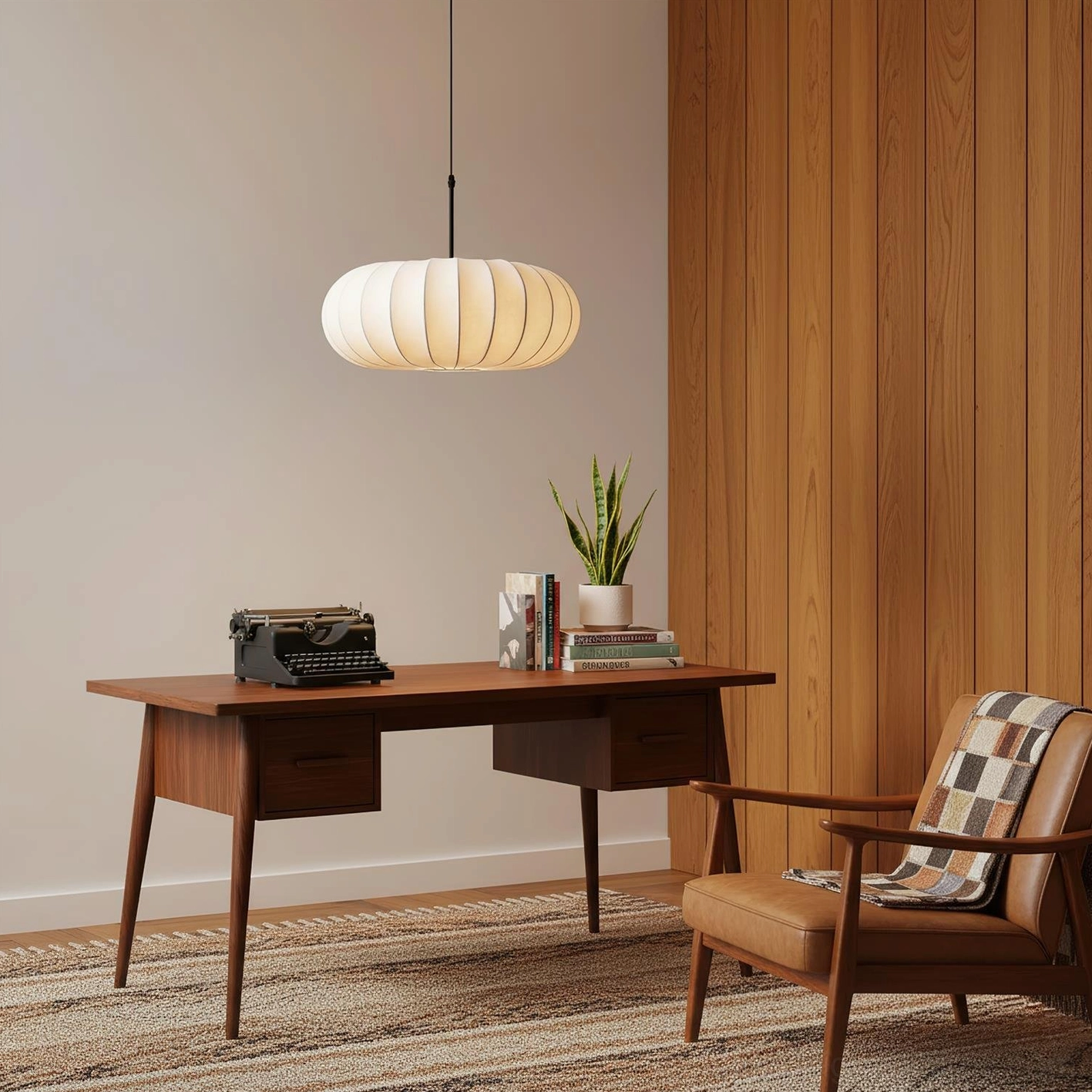 Verona pendant light in contemporary kitchen interior showing fabric shade diffuser and focused lighting on dining surface