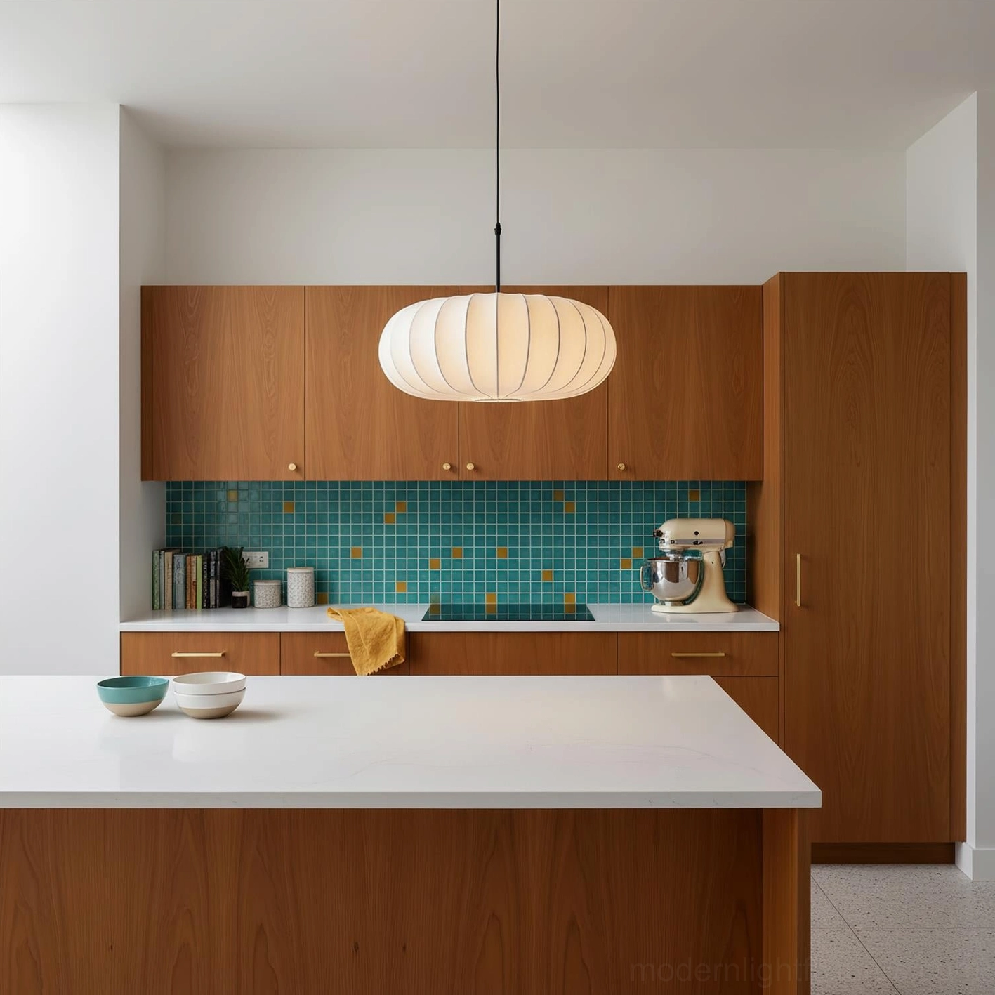 Verona fabric pendant lamp positioned over kitchen work surface, demonstrating soft downward illumination and minimalist suspended design