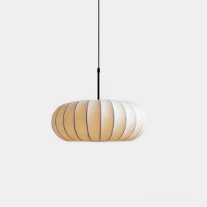 Verona modern fabric pendant light with ribbed beige shade and black suspension cord, front studio view showing clean minimalist design