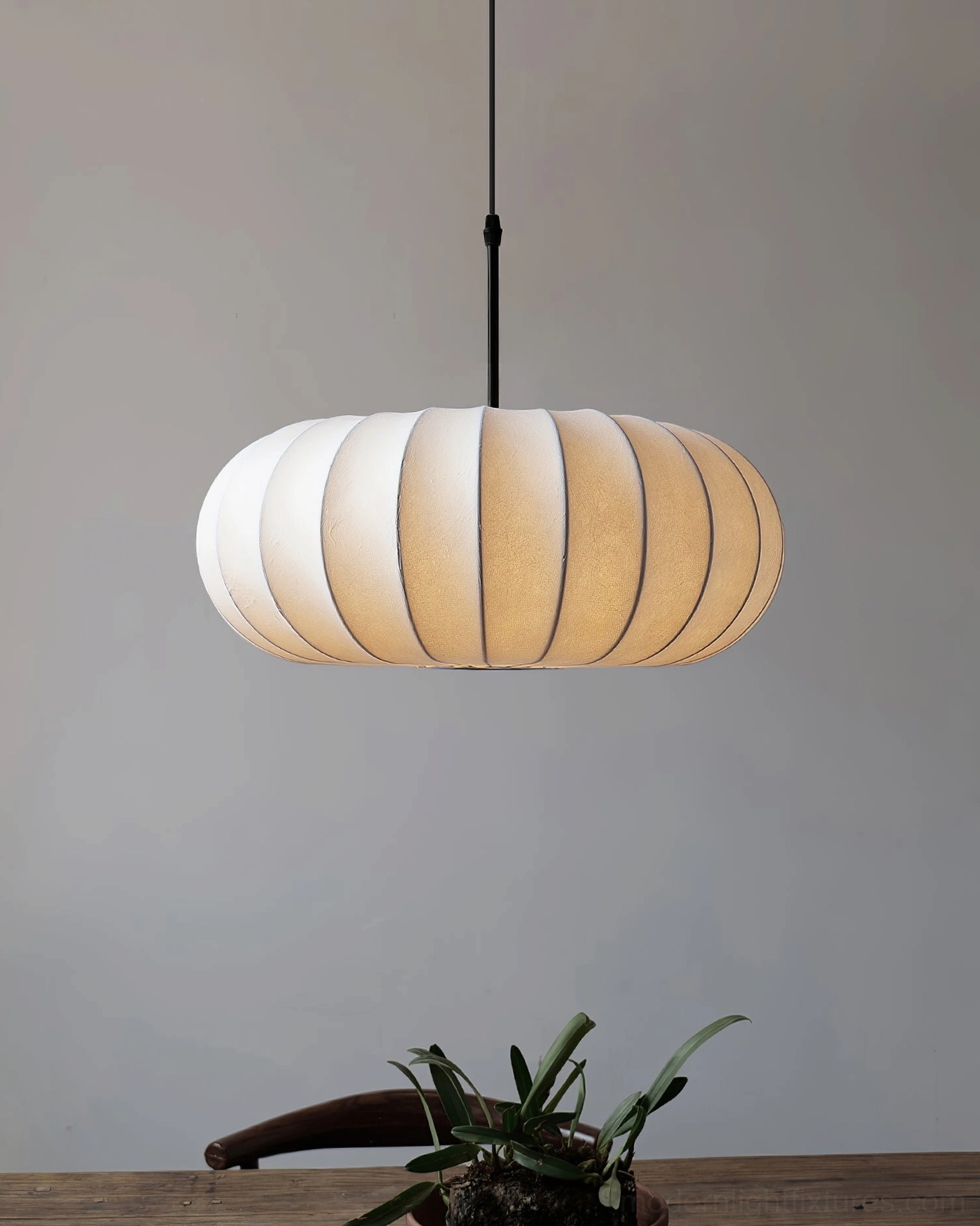 Verona modern pendant light three-quarter view showing fabric shade quality and minimalist silhouette in residential interior