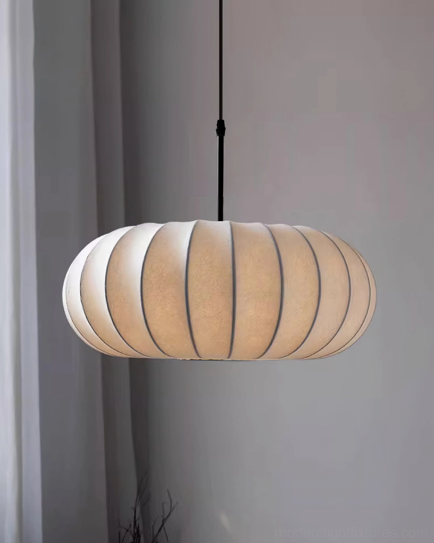 Verona fabric pendant light side profile with sheer window curtains in residential space, warm ambient lighting demonstration