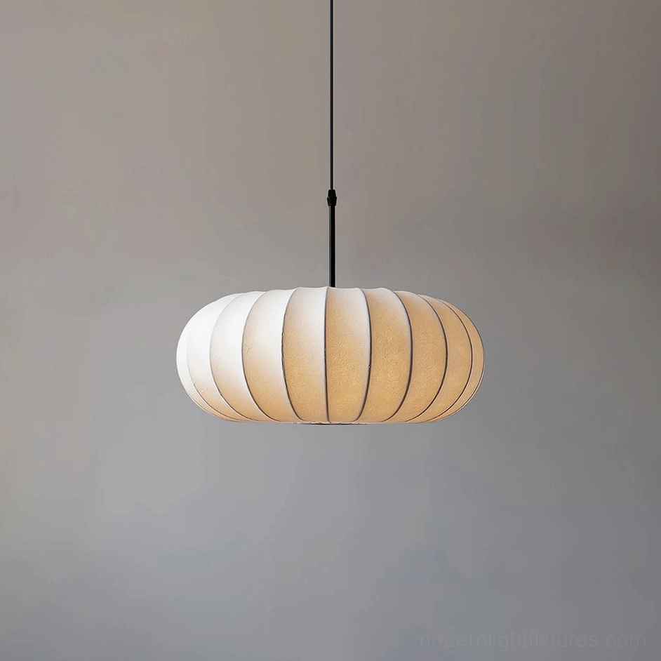 Small Verona pendant light fabric shade showing ribbed texture and warm diffused illumination for bedroom or desk areas