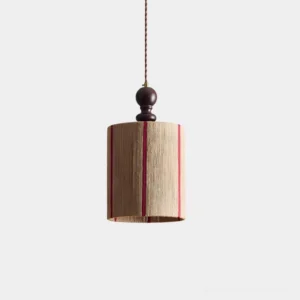 Verticalis modern pendant light with cylindrical hemp rope shade and vertical stripe accent, featuring hand-turned wooden finial and twisted cord suspension