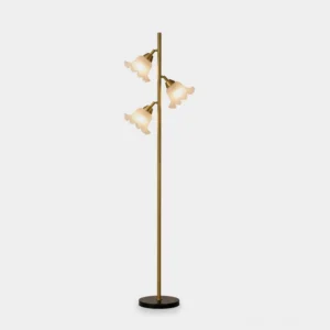 Vervina three-head flower floor lamp front view with brass pole and white acrylic petal shades on studio white background