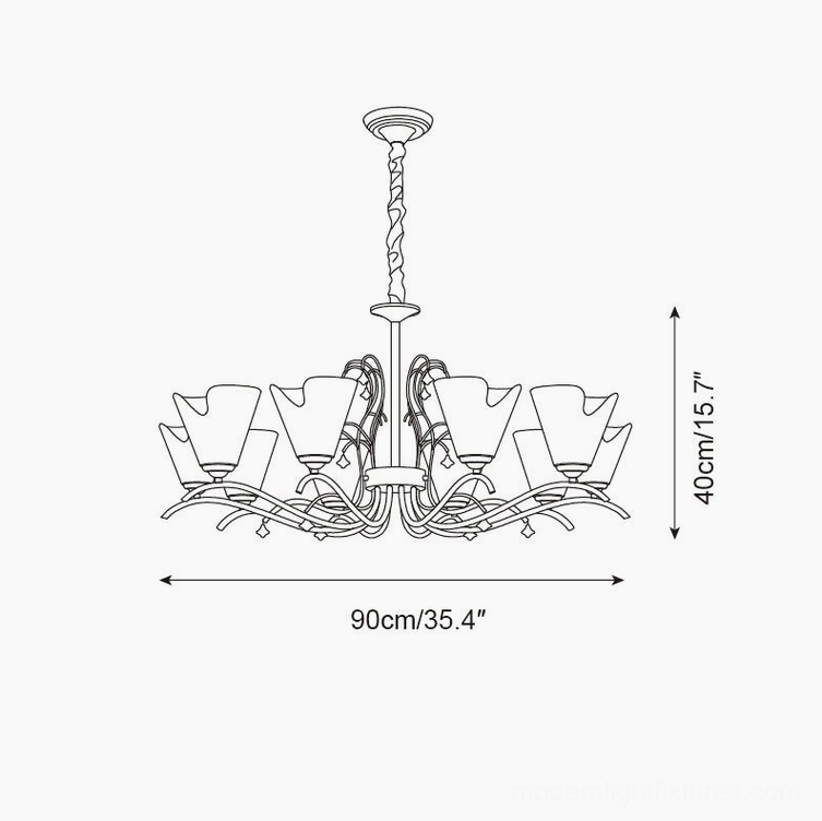 Vetraio chandelier 90cm x 40cm technical specification drawing, front orthographic view for 10-head configuration