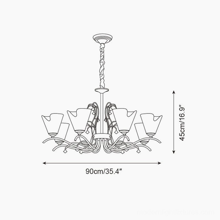 Vetraio chandelier 90cm x 45cm technical drawing, front orthographic view, 8-head configuration dimensions specification