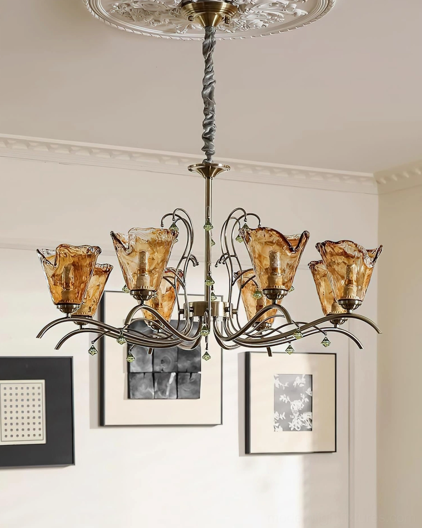 Vetraio tulip-inspired glass chandelier, overhead view showing complete fixture design with all amber shades and crystal elements