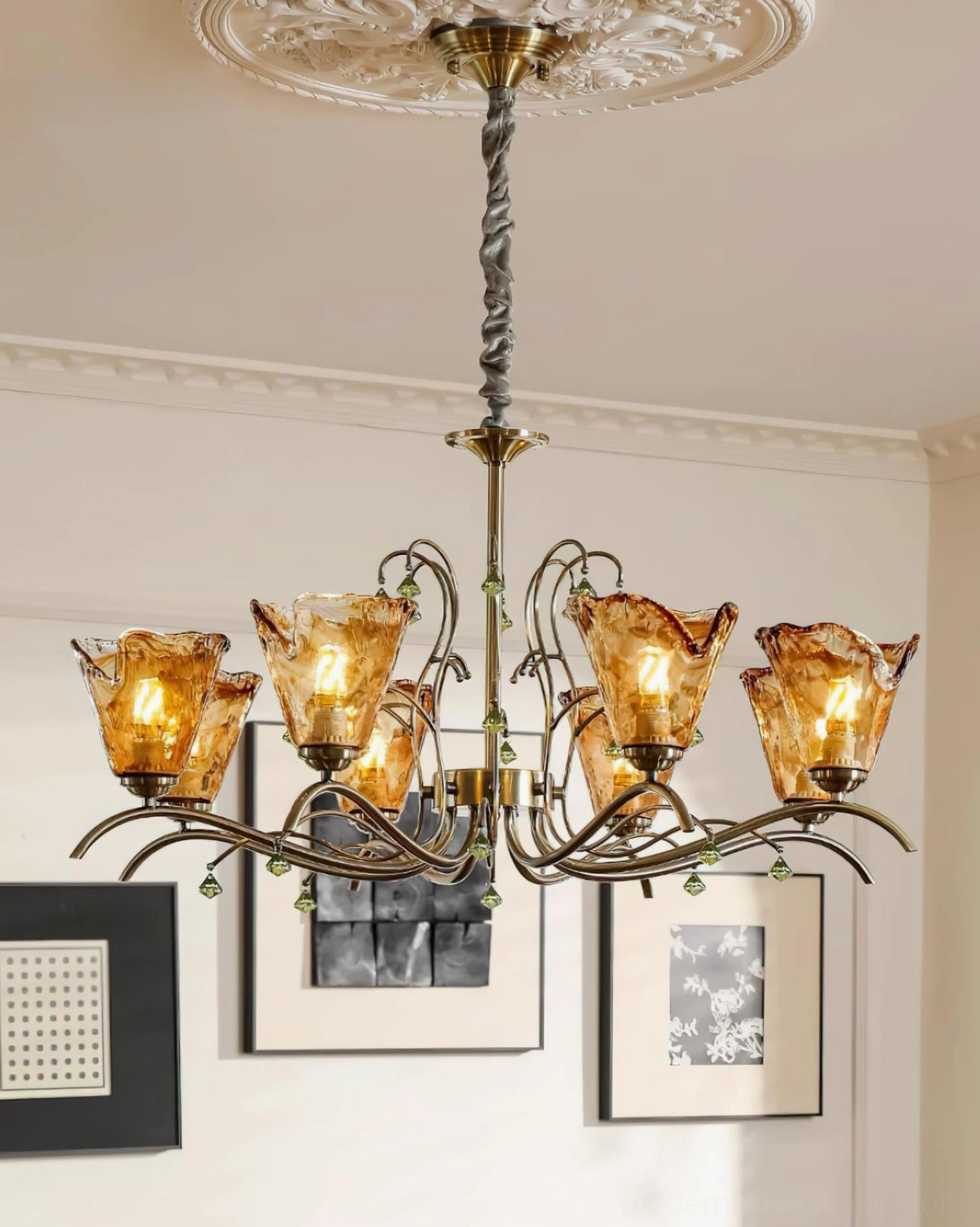 Vetraio vintage-style amber glass chandelier, lifestyle room setting showing how hand-blown fixture enhances traditional home decor and ambient lighting