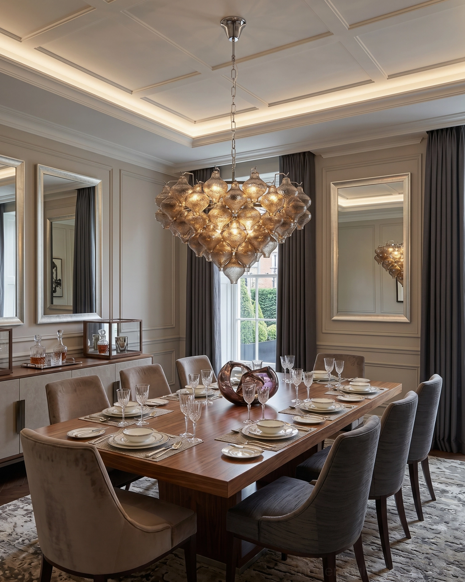 Vetrina amber tiered tulip chandelier side angle view in elegant formal dining room with neutral luxury home styling and warm glass drops