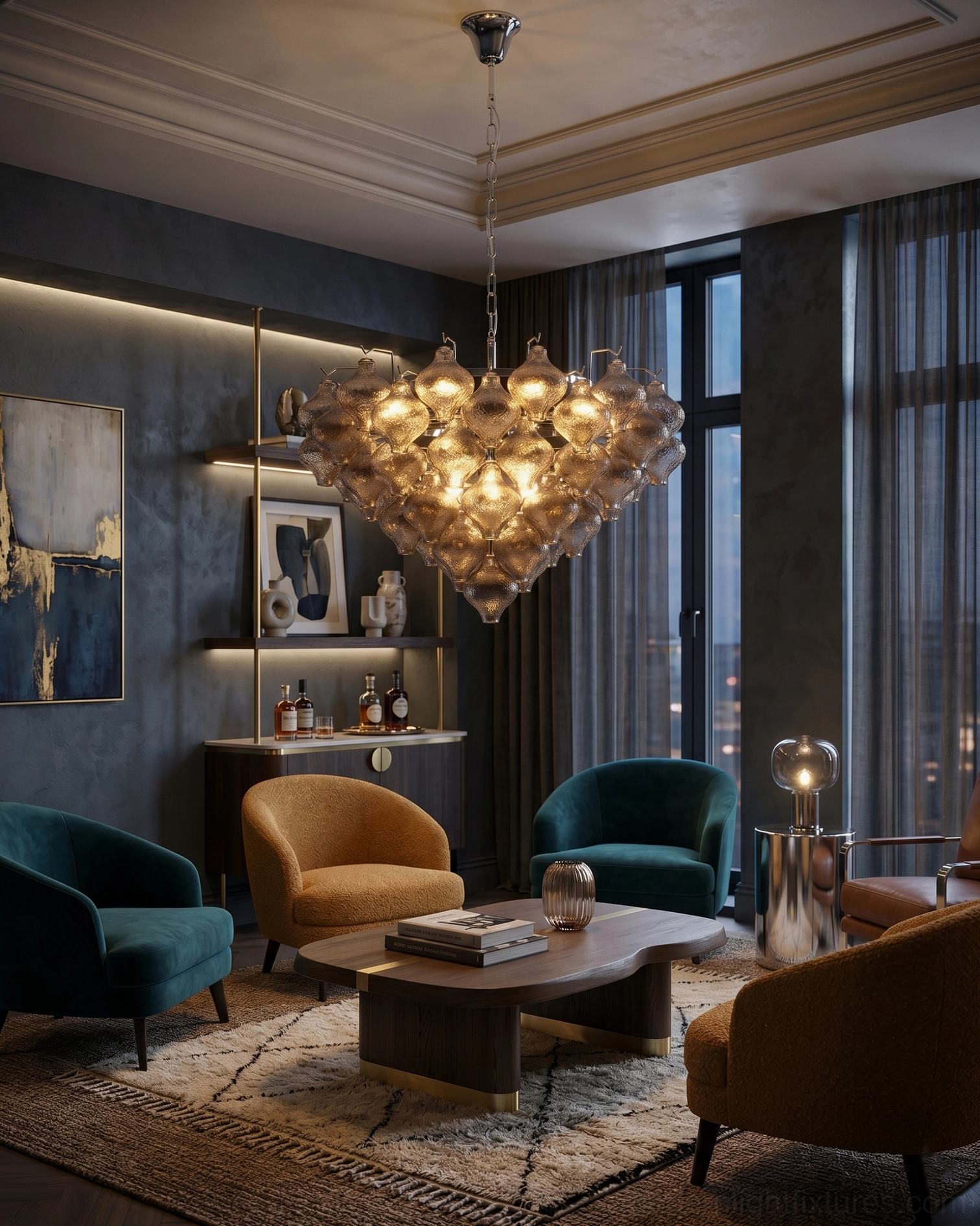 Vetrina amber tulip glass chandelier in luxury living room dining hybrid space with warm ambient lighting and brass metal details
