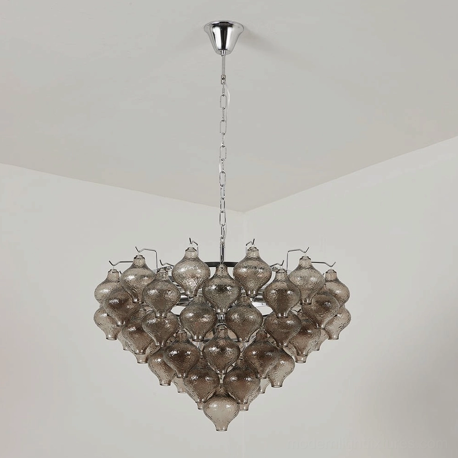 Vetrina medium smoky gray tiered tulip glass chandelier front direct hanging view with hand-textured drops and polished chrome metal hardware