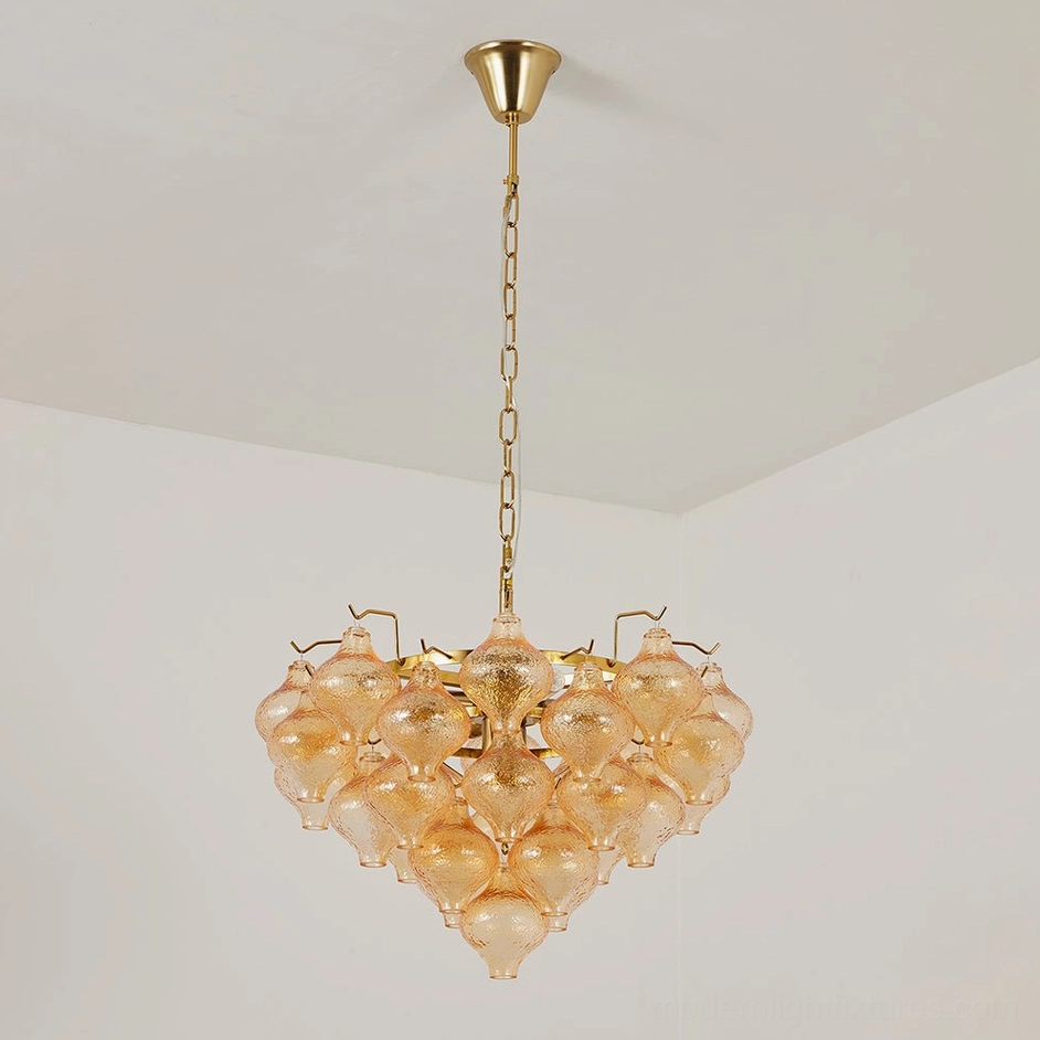 Vetrina small amber tiered tulip glass chandelier front direct hanging view with heart-shaped cluster of onion-shaped drops and brass metal hardware