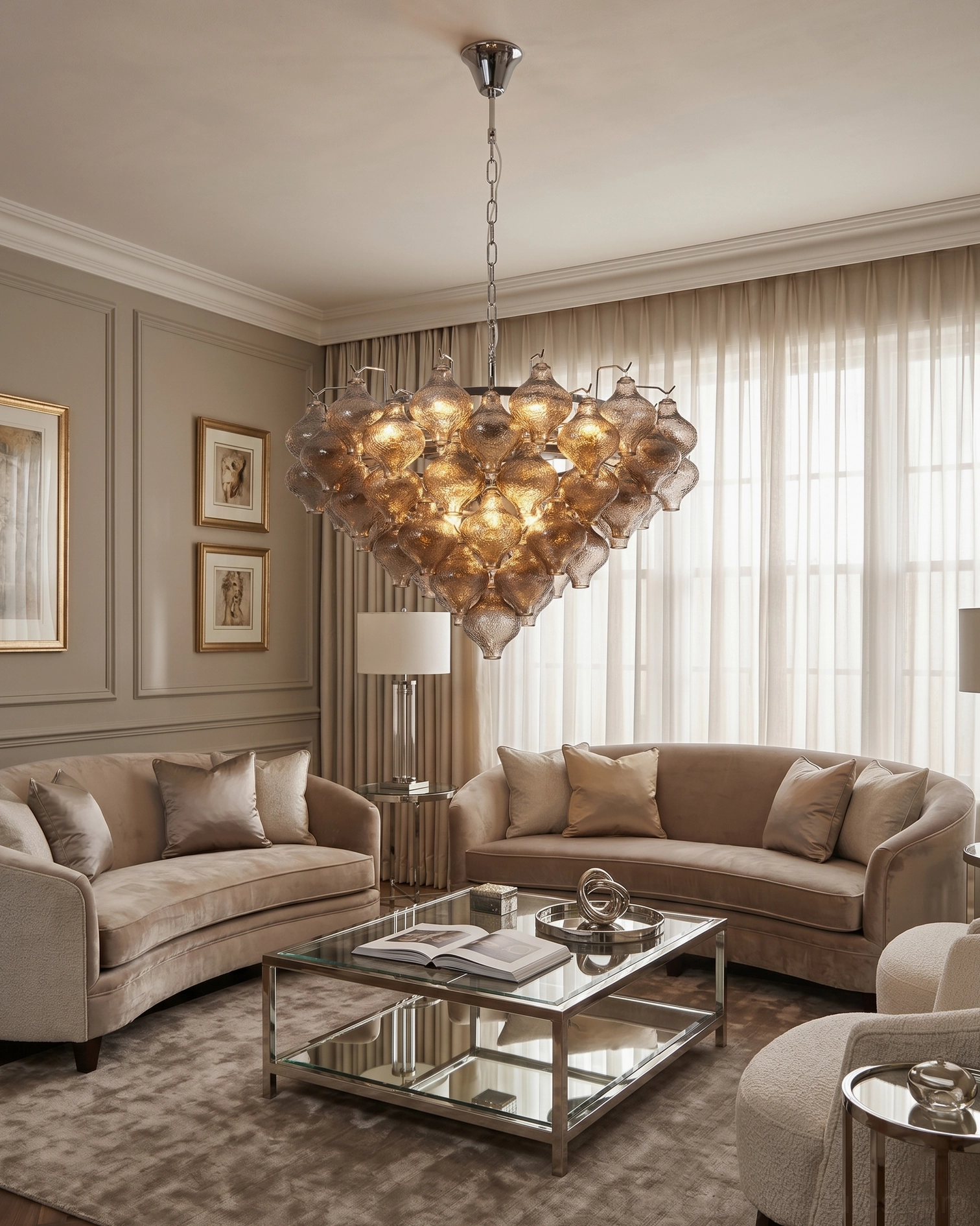 Vetrina tiered tulip chandelier in contemporary kitchen island setting with polished chrome and integrated ambient lighting design