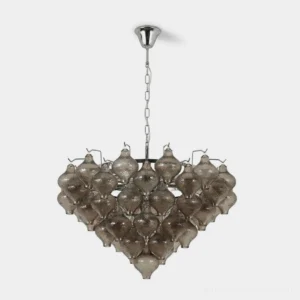 Vetrina tiered tulip glass chandelier with smoked gray hand-textured drops and polished chrome hardware, front view against white studio background