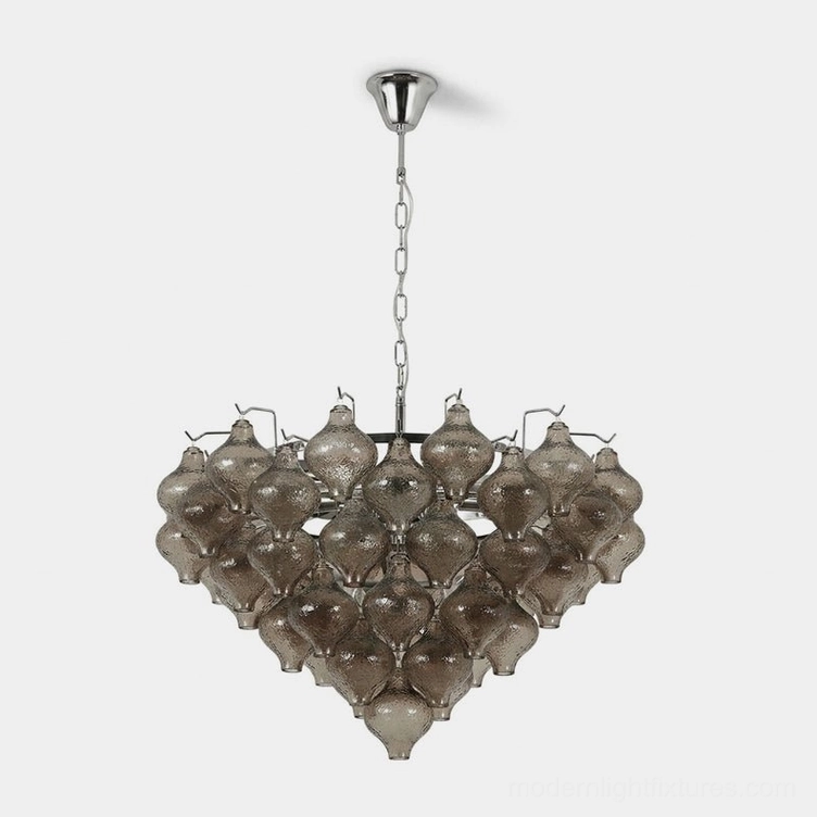 Vetrina tiered tulip glass chandelier with smoked gray hand-textured drops and polished chrome hardware, front view against white studio background