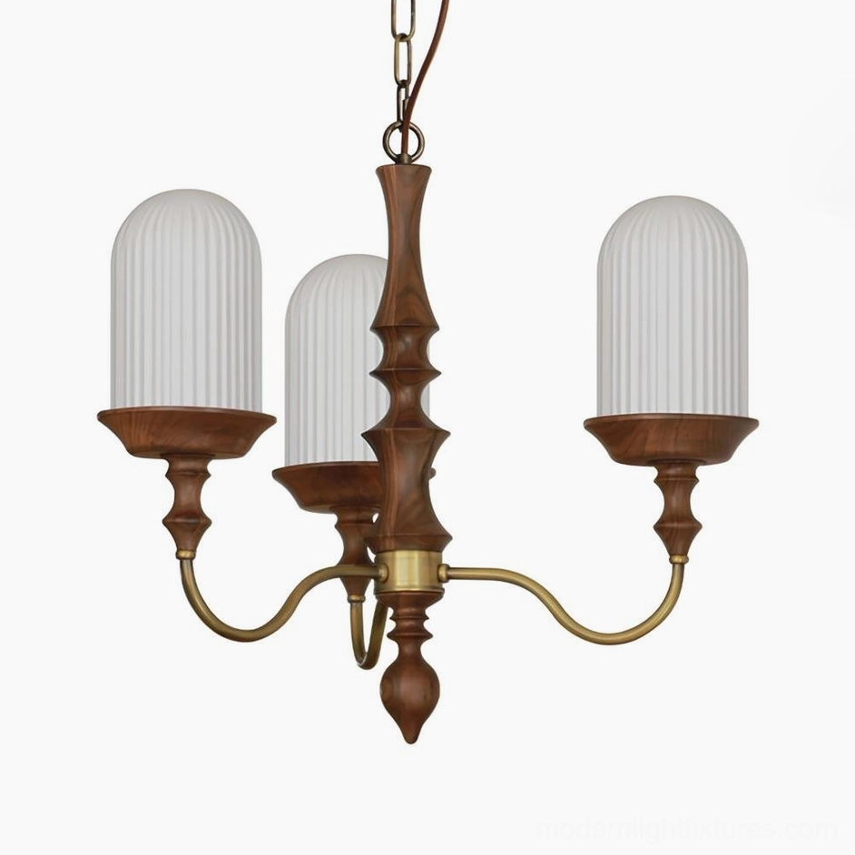 Veyra 3-head chandelier walnut color and white wood brass lighting fixture