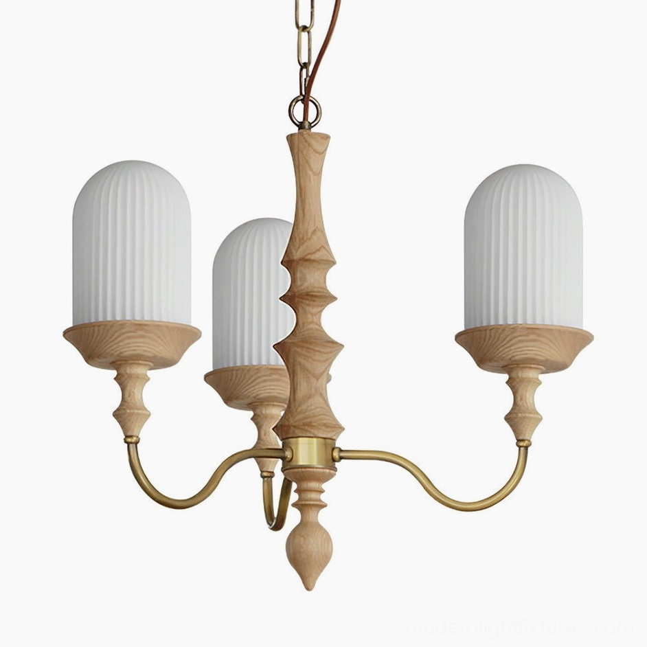 Veyra 3-head chandelier wood color and white finish mid-century modern style