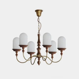 Veyra 6-arm modern chandelier with brass frame and ribbed glass shades, frontal view