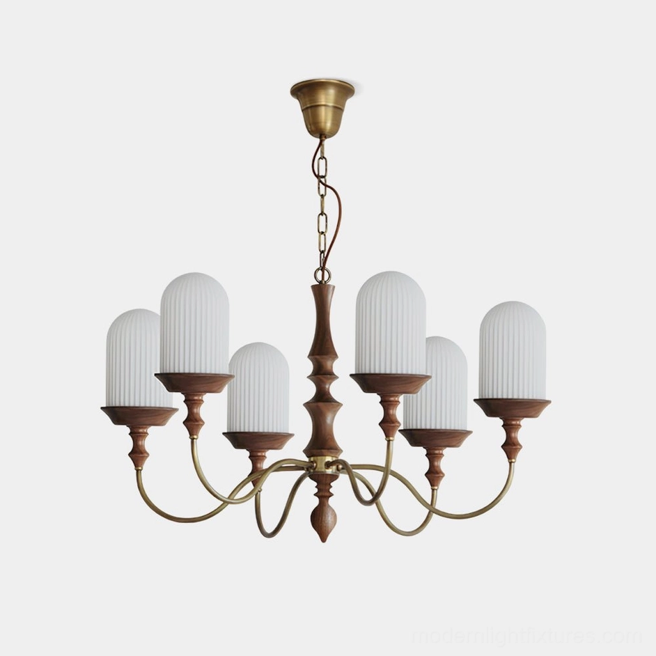 Veyra 6-arm modern chandelier with brass frame and ribbed glass shades, frontal view