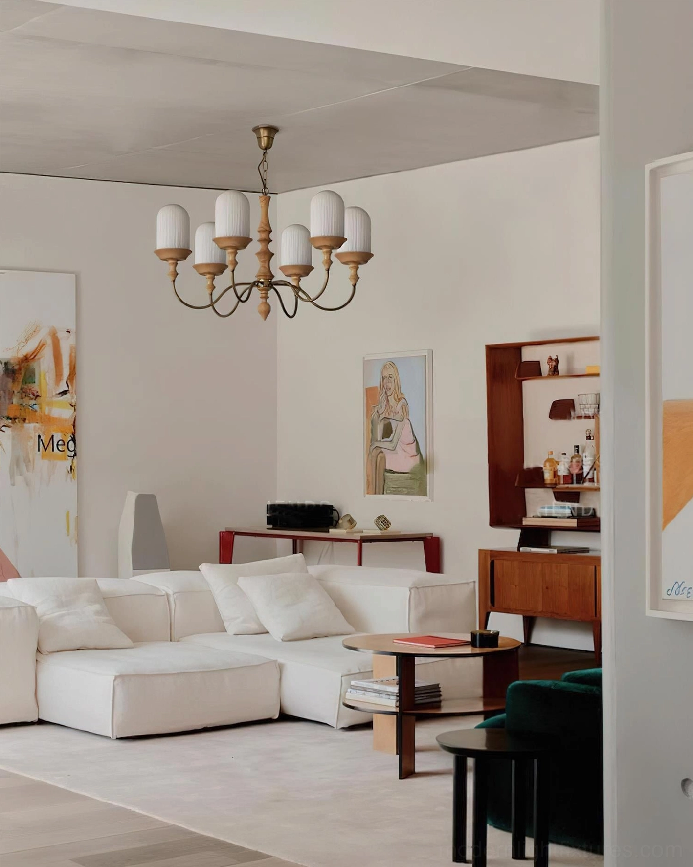 Veyra 6-arm chandelier installed in modern living room with neutral décor
