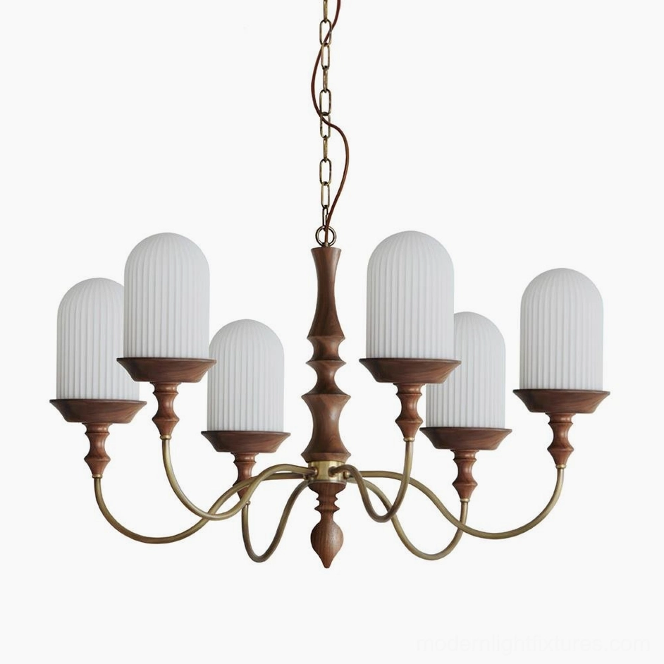 Veyra 6-head chandelier walnut color and white wood brass modern lighting
