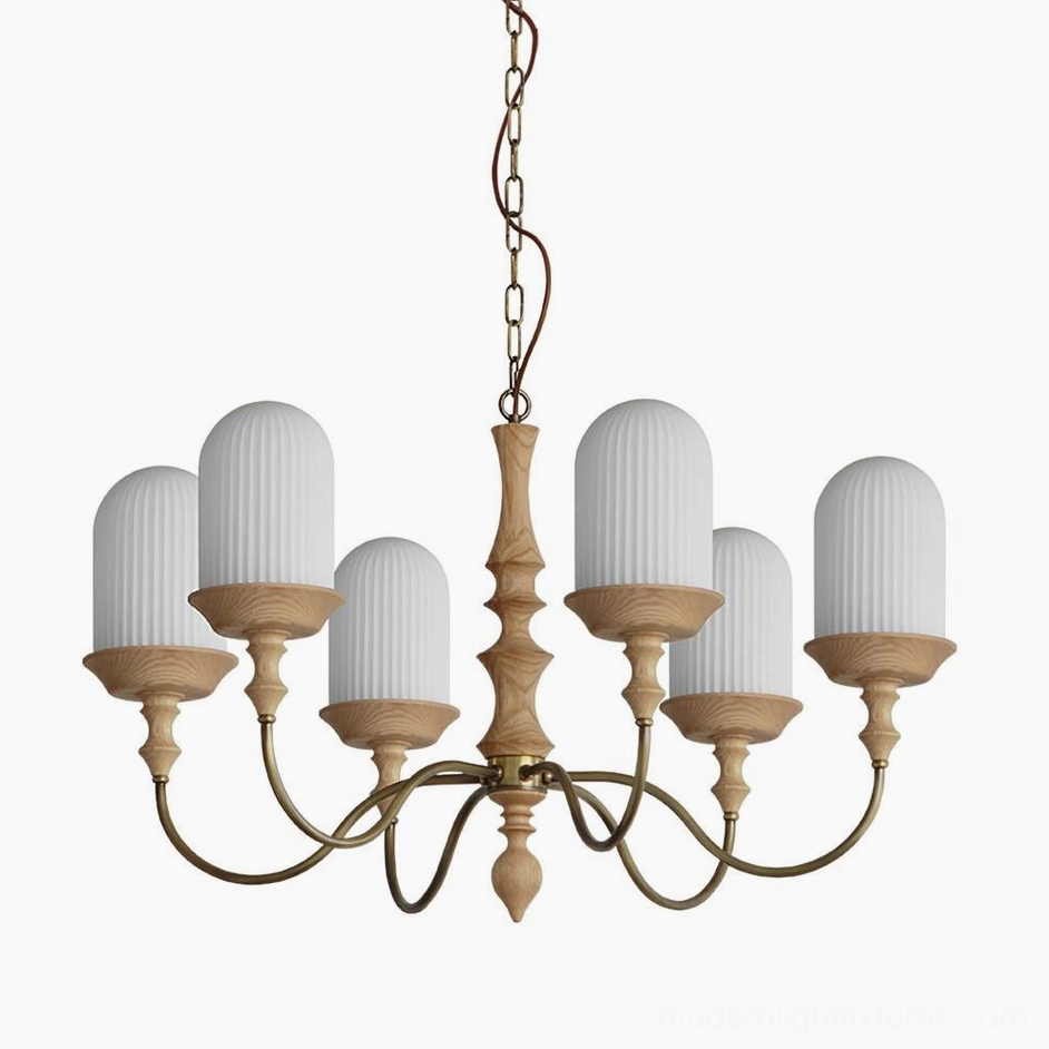 Veyra 6-head chandelier wood color and white finish vintage brass light fixture