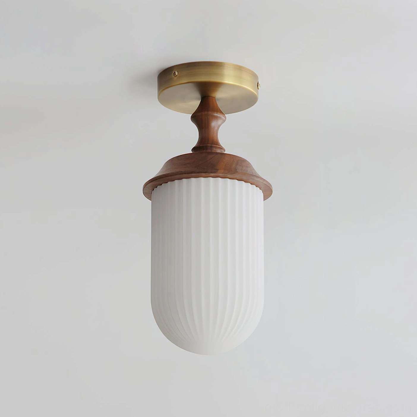 Veyra ceiling light fixture with opal ribbed glass and walnut wood detail, brass canopy, front studio view