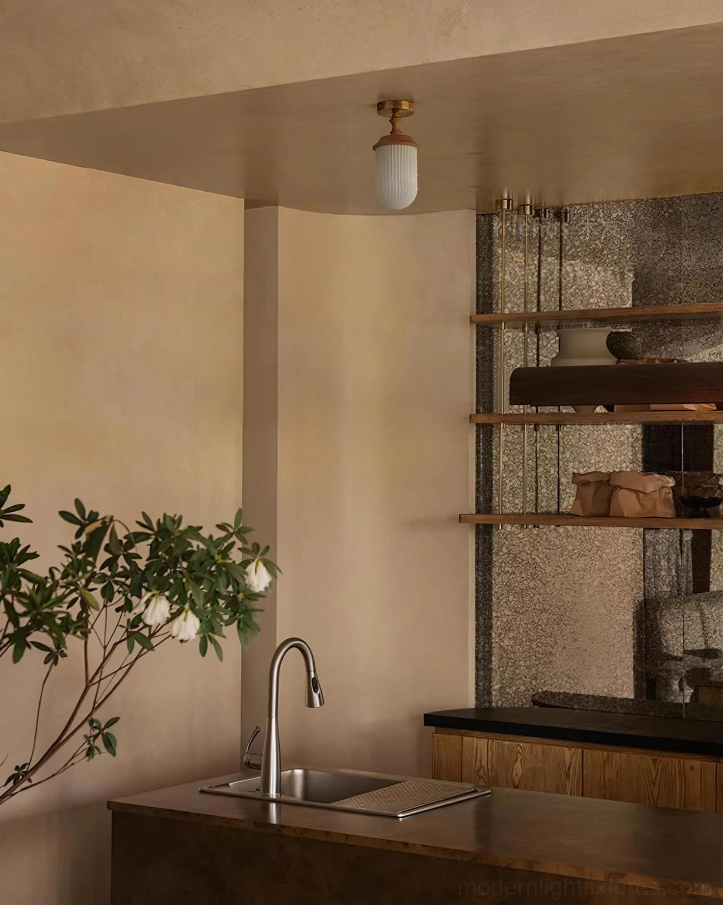 Veyra mid-century modern ceiling light fixture installed in warm-toned residential kitchen with wood and terracotta decor