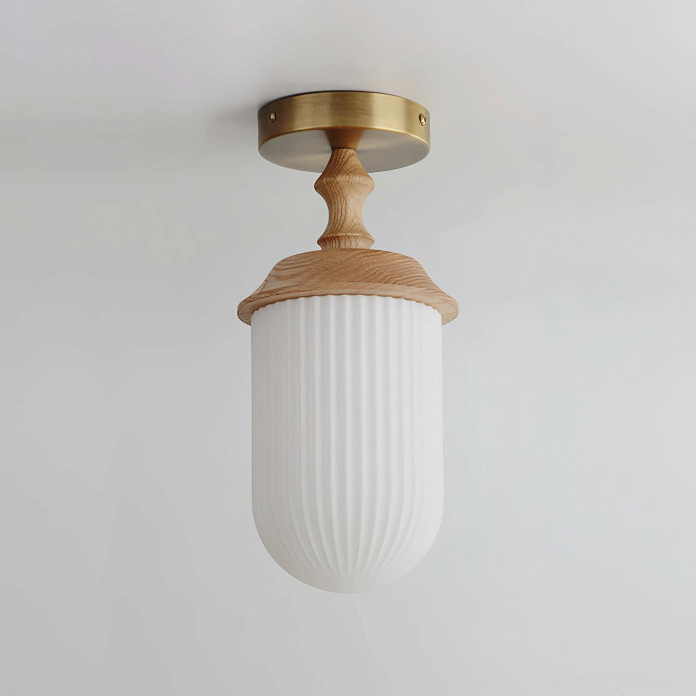 Veyra mid-century ceiling lamp with opal glass and light wood finish, brass hardware detail view