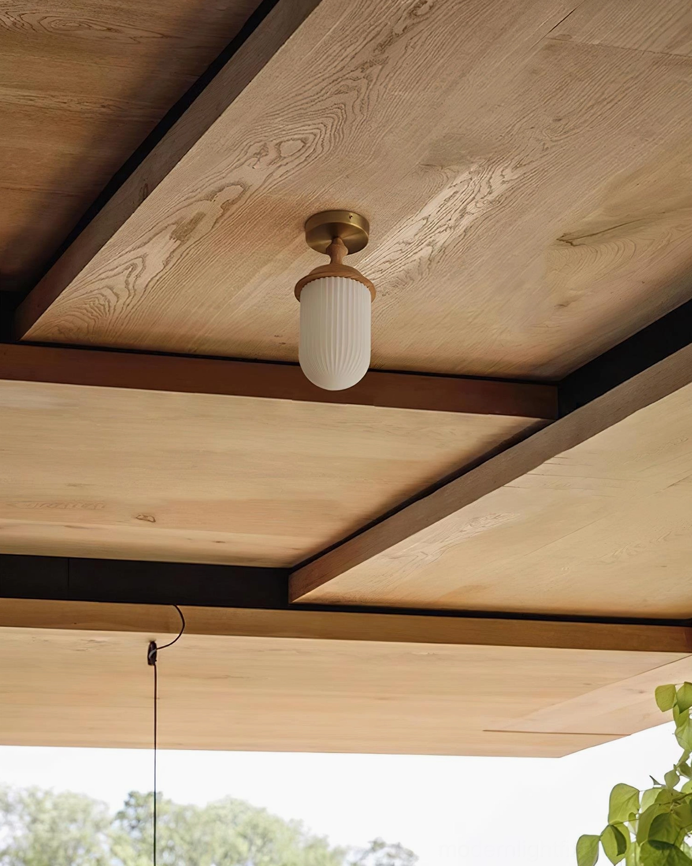 Veyra opal glass ceiling light fixture mounted on warm wooden ceiling in modern residential interior
