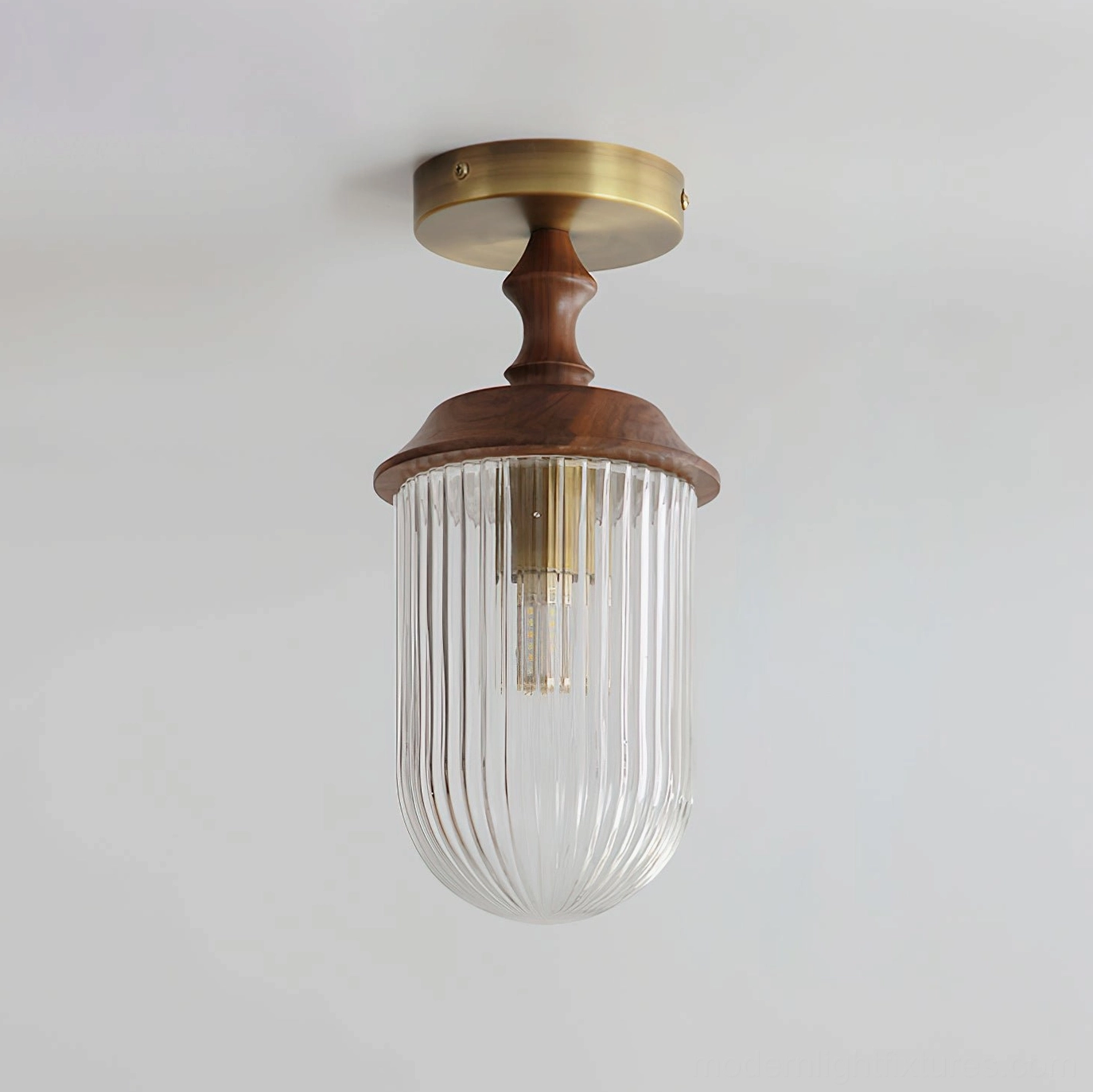 Veyra modern ceiling light fixture clear glass globe with brass canopy and walnut wood accents, product shot