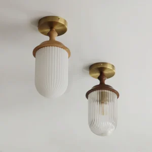 Two Veyra ceiling light fixture variants side by side: opal glass and clear glass options with matching brass and wood hardware