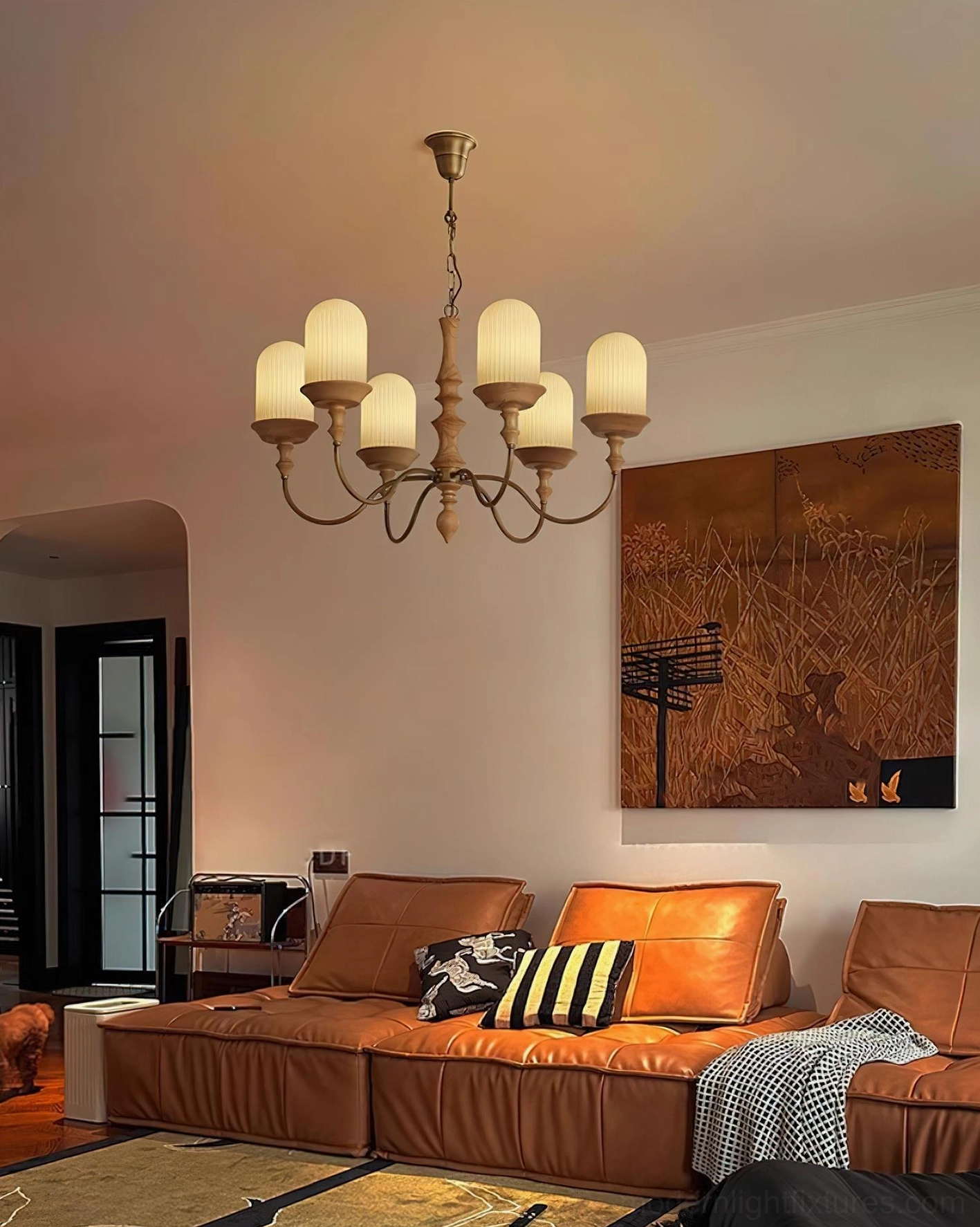 Veyra mid-century chandelier brass frame with candle-style shades warm retro style