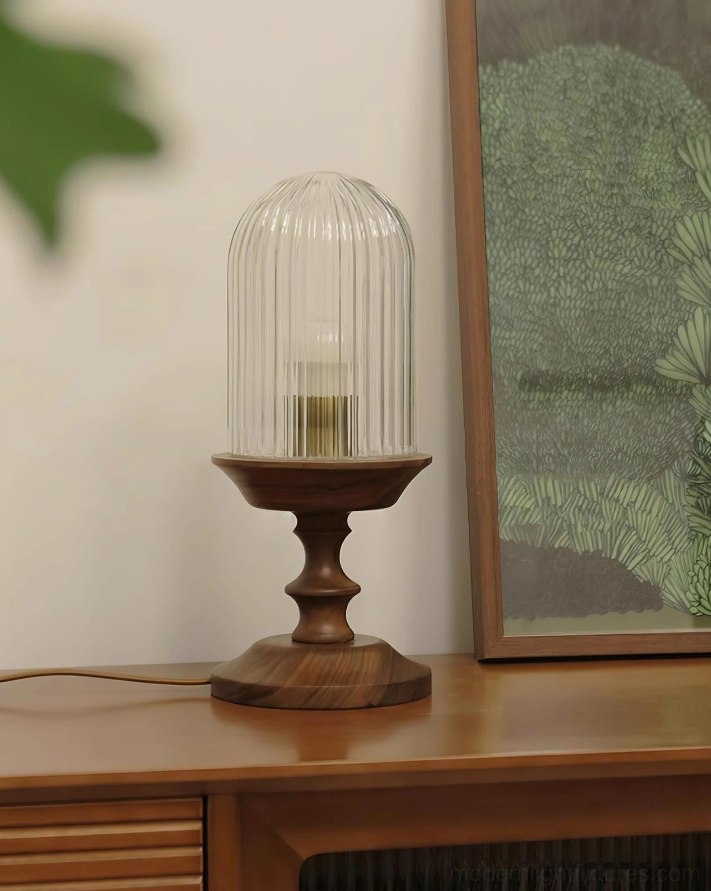 Small clear ribbed glass dome table lamp dark wood base minimalist console table decor