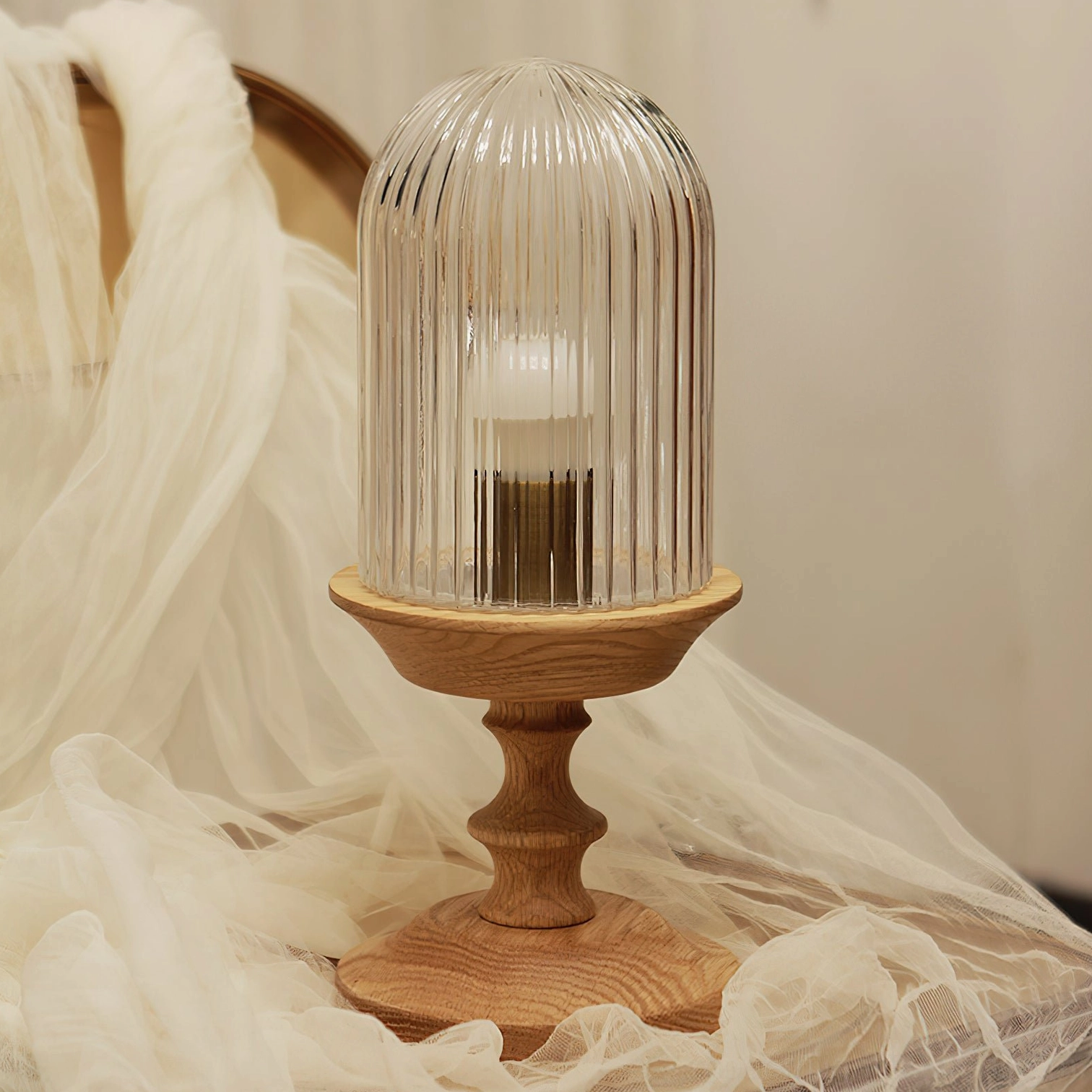 Frosted ribbed glass table lamp light wood base romantic bedside lighting fabric backdrop