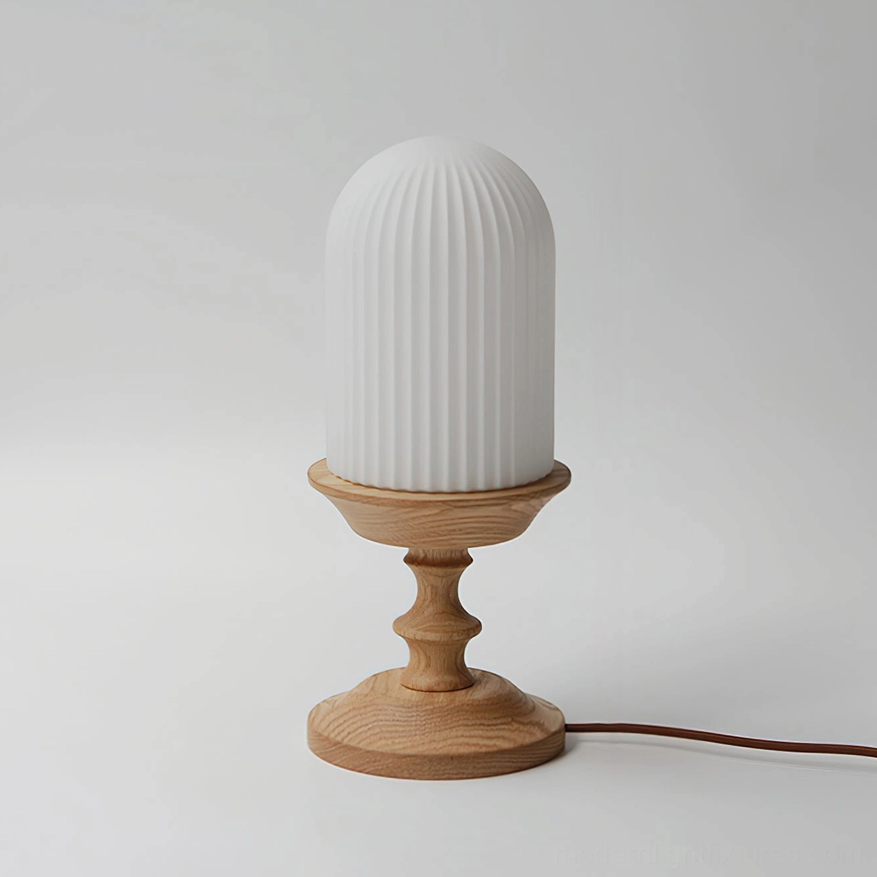 Frosted white ribbed dome table lamp natural wood base power cord minimalist vintage decor