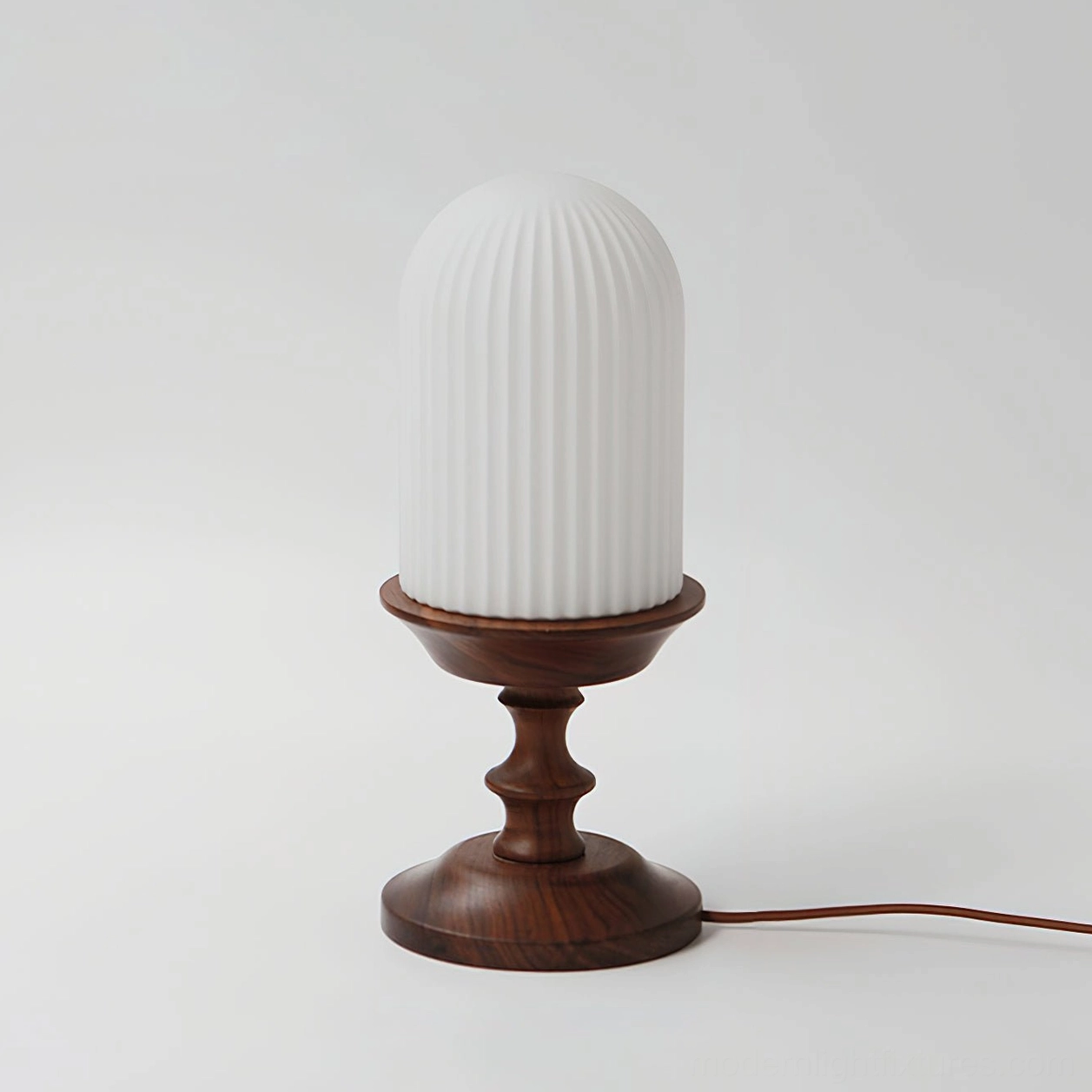Walnut wood ribbed table lamp white studio setting power cord push button switch