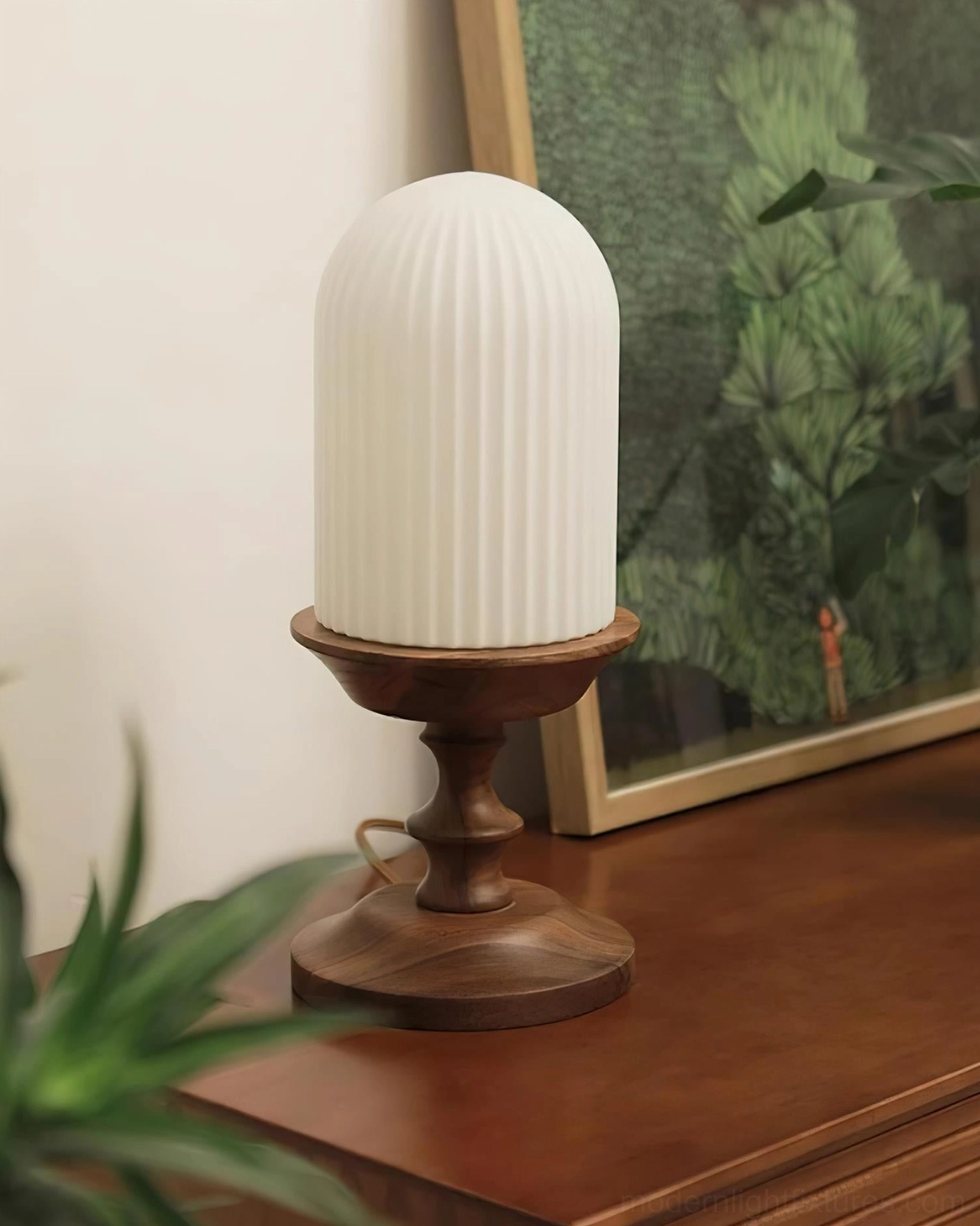 Milk white ribbed dome table lamp dark walnut wood base bedroom dresser vintage decor