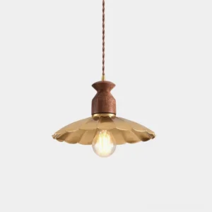 Viana brass petal pendant light with walnut wood accents, front studio view on white backdrop, showing scalloped shade design