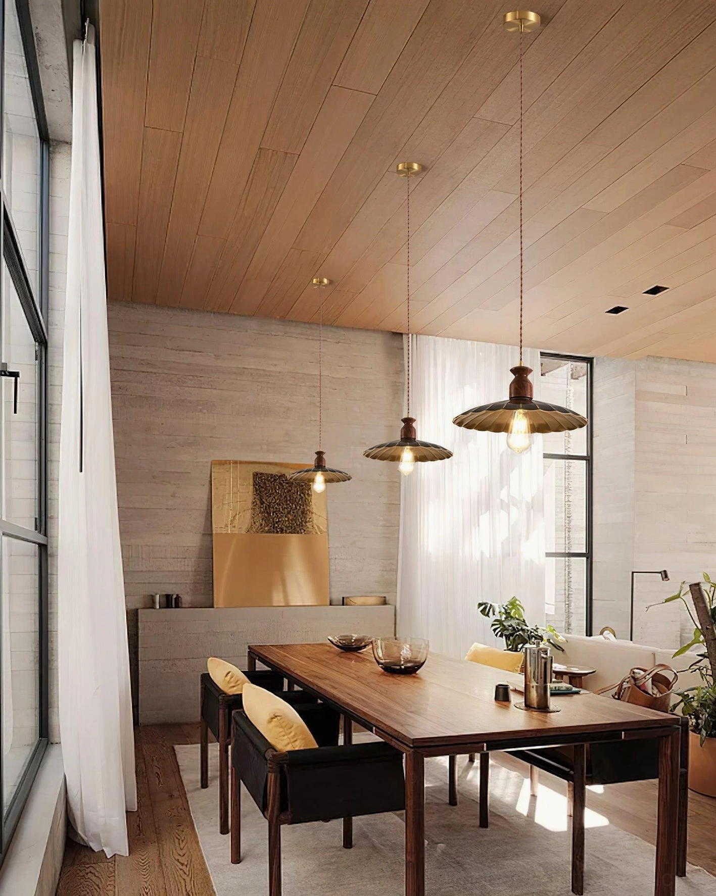 Multiple Viana pendant lights hanging in Japanese-style dining room with wooden ceiling and long dining table